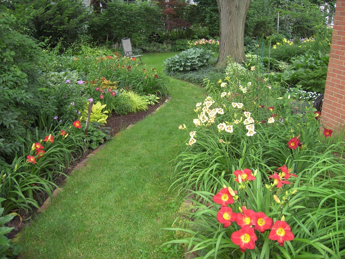 Manicured lawn path winding through colorful flower borders