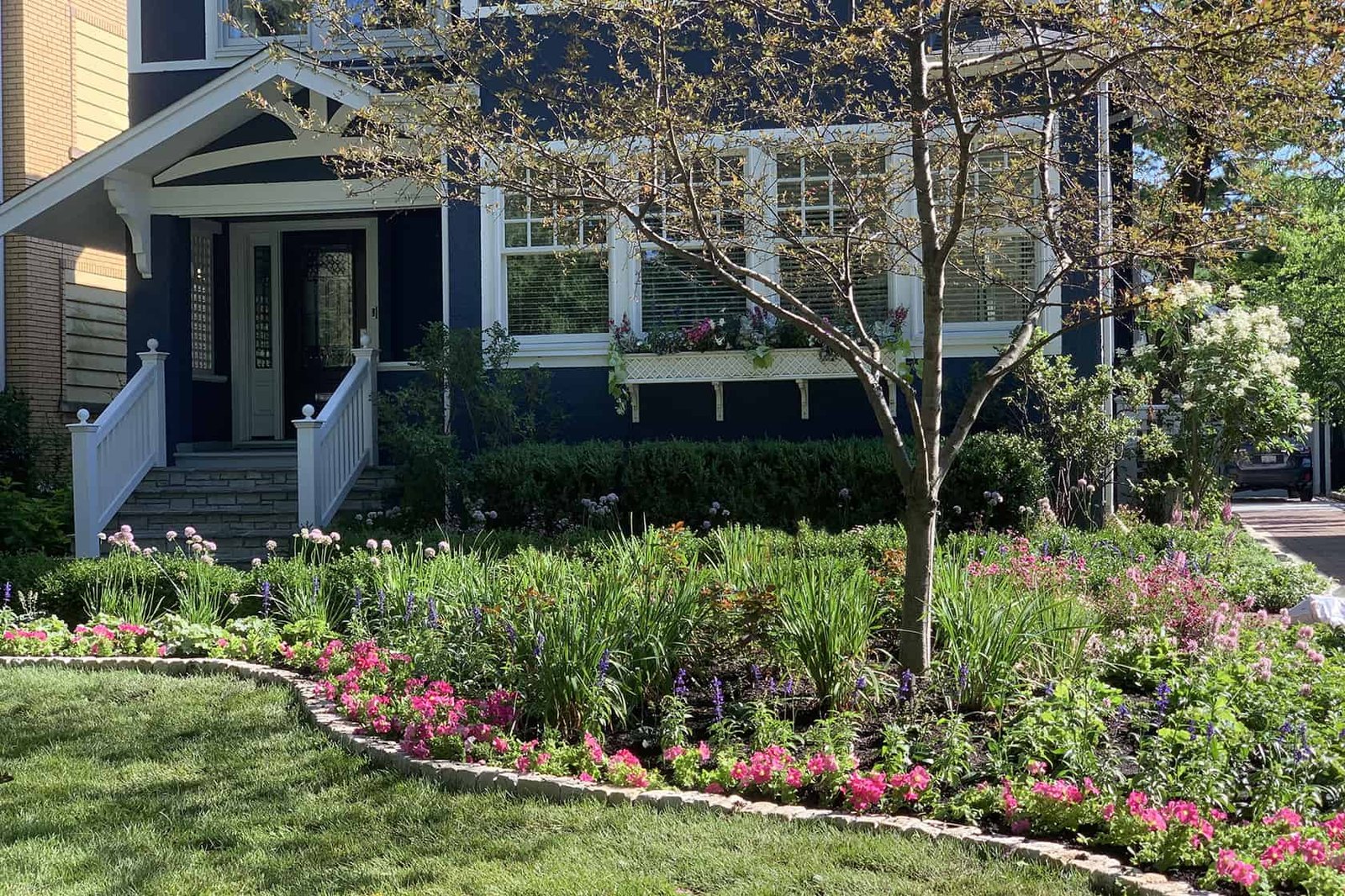Front-yard redesign with layered flower beds and a manicured lawn
